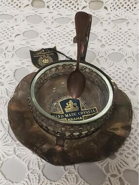 Vintage Abraplate Birmingham Silver Plate Glass Bowl w/ Tongs Spoon - England